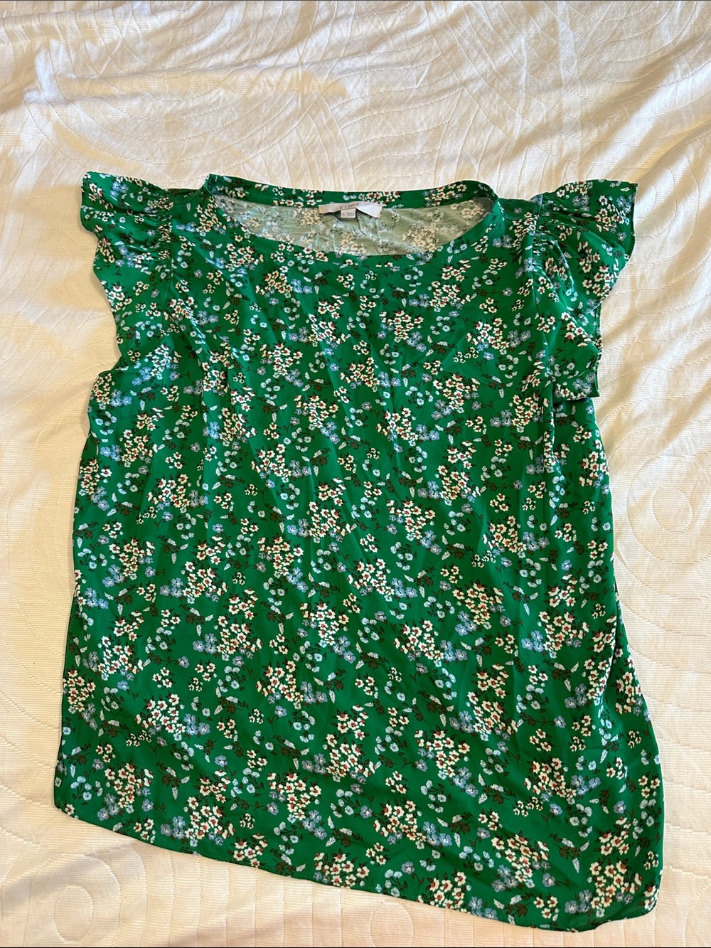 LOFT Green Floral Ruffle Sleeve Top